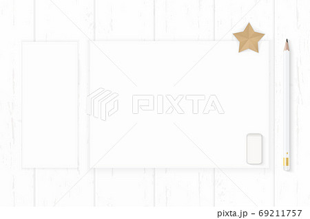 Flat lay top view elegant white composition paper pencil eraser Flat lay top view elegant white composition paper pencil eraser 69211757