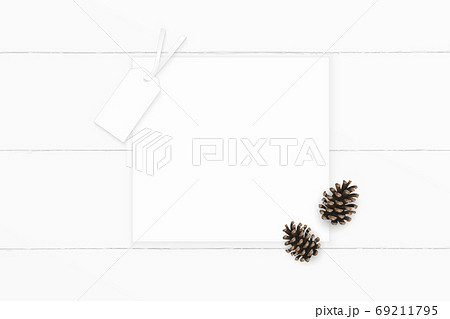 Flat lay top view elegant white composition paper brown pine con Flat lay top view elegant white composition paper brown pine con 69211795
