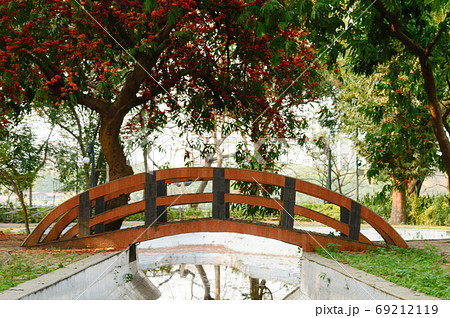A small arch bridge over decorated canal pond in garden park city surrounded by maple tree canopy A small arch bridge over decorated canal pond in garden park city surrounded by maple tree canopy 69212119