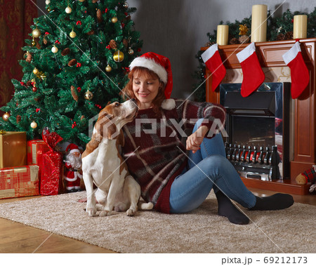 woman with dog in the room with Christmas decorations 69212173