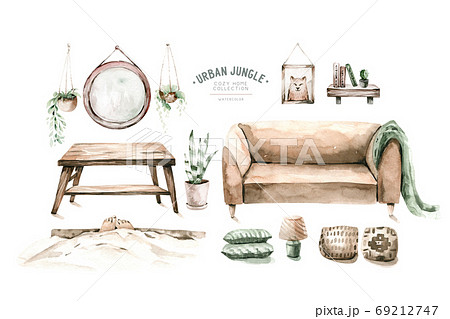 Watercolor trendy interior bohemian background with mid century modern furniture. Interior hugge Decor Scene. Cozy living room with houseplant, Urbun jungle Watercolor illustration. Housewarming print Watercolor trendy interior bohemian background with mid century modern furniture. Interior hugge Decor Scene. Cozy living room with houseplant, Urbun jungle Watercolor illustration. Housewarming print 69212747