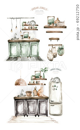 Hand paint watercolor scandinavian modern kitchen set. Isolated furniture for interior. Food theme. Vintage interior bohemian background with mid century modern furniture Interior Decor Scene.Cozy 69212750