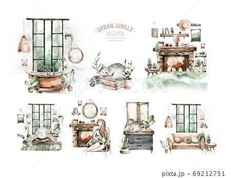 Watercolor trendy interior bohemian background with mid century modern furniture. Interior hugge Decor Scene. Cozy living room with houseplant, Urbun jungle Watercolor illustration. Housewarming print Watercolor trendy interior bohemian background with mid century modern furniture. Interior hugge Decor Scene. Cozy living room with houseplant, Urbun jungle Watercolor illustration. Housewarming print 69212751