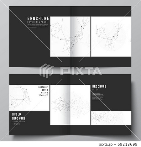 Vector layout of two covers templates for square bifold brochure, flyer, magazine, cover design, book design, brochure cover. Gray technology background with connecting lines and dots. Network concept 69213699
