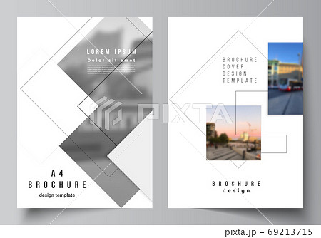 Vector layout of A4 format cover mockups design templates with geometric simple shapes, lines and photo place for brochure, flyer layout, booklet, cover design, book, brochure cover. Vector layout of A4 format cover mockups design templates with geometric simple shapes, lines and photo place for brochure, flyer layout, booklet, cover design, book, brochure cover. 69213715