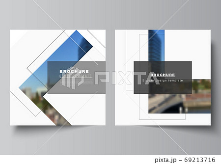 Vector layout of two square format covers design templates with geometric simple shapes, lines and photo place for brochure, flyer, magazine, cover design, book, brochure cover. 69213716