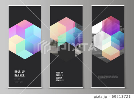 Vector layout of roll up mockup design templates with colorful hexagons, geometric shapes, tech background for vertical flyers, flags design templates, banner stands, advertising design mockups. 69213721