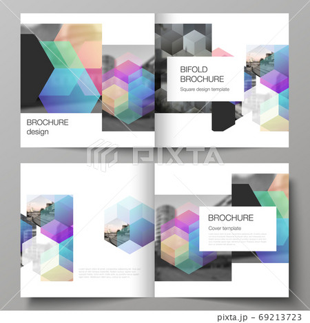 Vector layout of two covers templates with colorful hexagons, geometric shapes, tech background for square design bifold brochure, flyer, magazine, cover design, book design, brochure cover. 69213723