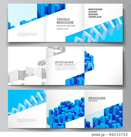 Vector layout of square covers design templates for trifold brochure, flyer, magazine, cover design, book design. 3d render vector composition with dynamic realistic geometric blue shapes in motion. Vector layout of square covers design templates for trifold brochure, flyer, magazine, cover design, book design. 3d render vector composition with dynamic realistic geometric blue shapes in motion. 69213733