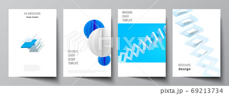 Vector layout of A4 cover mockups templates for brochure, flyer layout, booklet, cover design, book design. 3d render vector composition with dynamic realistic geometric blue shapes in motion. 69213734