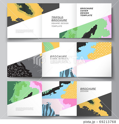 Vector layout of square covers design templates for trifold brochure, flyer, cover design, book design, brochure cover. Modern japanese pattern template. Landscape background decoration in Asian style 69213768
