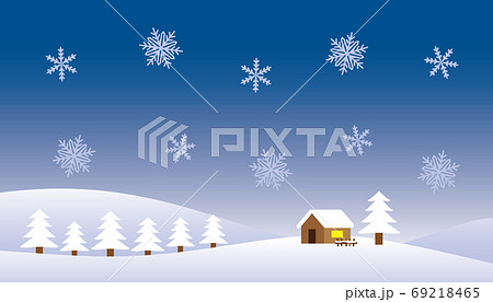 雪夜と雪原の一軒家の風景のイラストのイラスト素材
