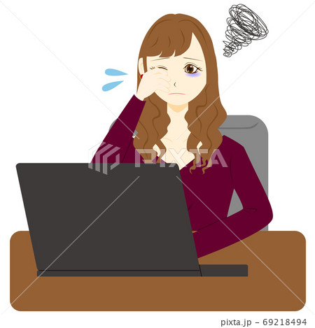 パソコン 女性 疲労 眼精疲労のイラスト素材