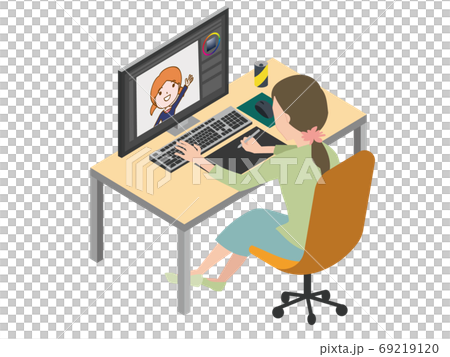 パソコンで絵を描く女性 69219120