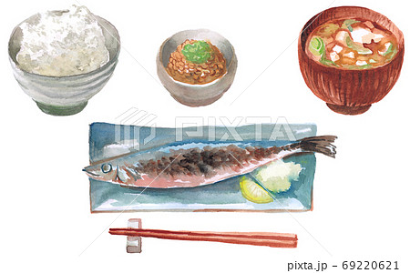 朝食 焼魚、ごはん、みそ汁、納豆 水彩素材 朝食 焼魚、ごはん、みそ汁、納豆 水彩素材 69220621