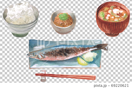 朝食 焼魚、ごはん、みそ汁、納豆 水彩素材 朝食 焼魚、ごはん、みそ汁、納豆 水彩素材 69220621