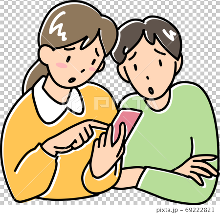 困りがおでスマホを見る男女 69222821