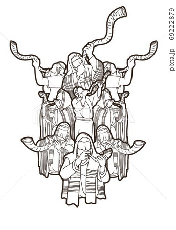Feast of trumpets.Group of Jewish people blowing the shofar horn cartoon graphic vector 69222879