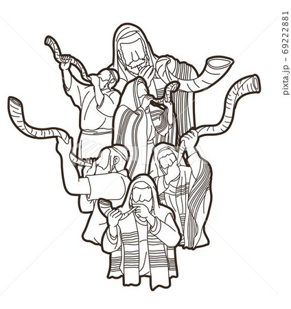 Feast of trumpets.Group of Jewish people blowing the shofar horn cartoon graphic vector 69222881