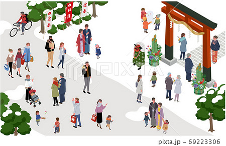 アイソメトリック　お正月　初詣に行く人々　イラスト 69223306