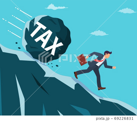 Businessman on mountain running away from big tax Businessman on mountain running away from big tax 69226831