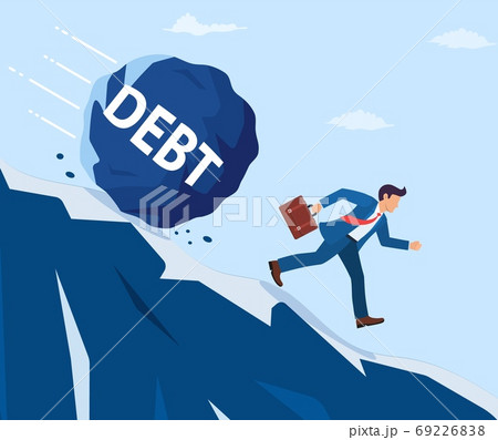 Businessman on mountain running away from big debt Businessman on mountain running away from big debt 69226838