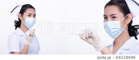 Nurse White uniform with Protective Face mask hold Cotton Bud Nurse White uniform with Protective Face mask hold Cotton Bud 69228096