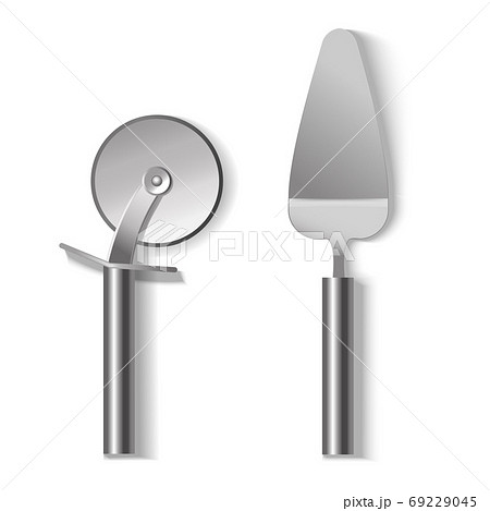 Realistic Detailed 3d Steel Pizza Cutter and Spatula Set. Vector Realistic Detailed 3d Steel Pizza Cutter and Spatula Set. Vector 69229045