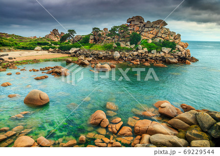 Magical Atlantic ocean coastline with colorful stones, Ploumanach, France, Europe 69229544
