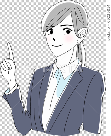 スーツ姿で指を差し出し案内・説明しているロングヘアのきれいな女性　ビジネスウーマン 69229814