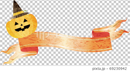萬聖節南瓜絲帶磁帶複製空間水彩插圖素材 69230942