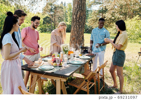 Large group of young intercultural friendly people standing under pine tree 69231097
