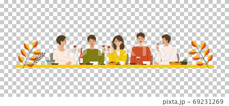 秋の食事とワインを楽しむ人々のイラスト 69231269