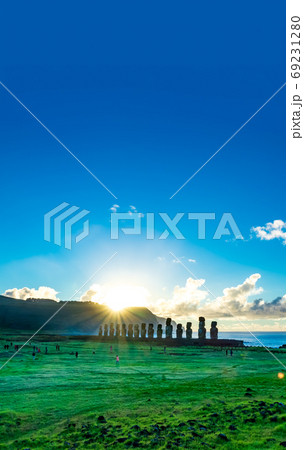 Sunstar and Ahu Tongariki iconic moai platform at sunrise 69231280