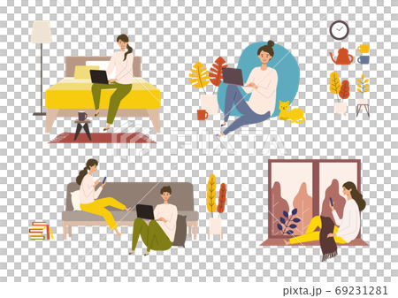 People enjoying autumn holidays at home with PCs and smartphones 69231281