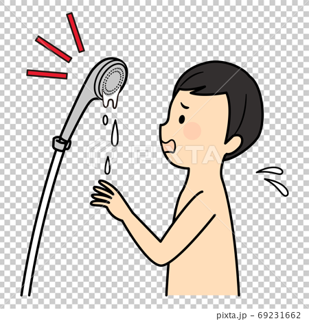 シャワーのお湯がでなくて困ってる男性のイラスト素材