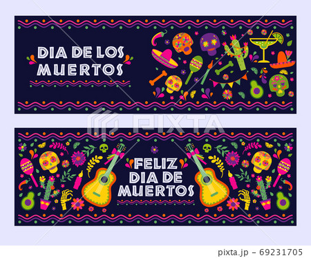 Dias de los Muertos typography banners vector. Mexico design for fiesta cards or party invitation, poster. Flowers traditional mexican frame with floral letters on dark background. 69231705