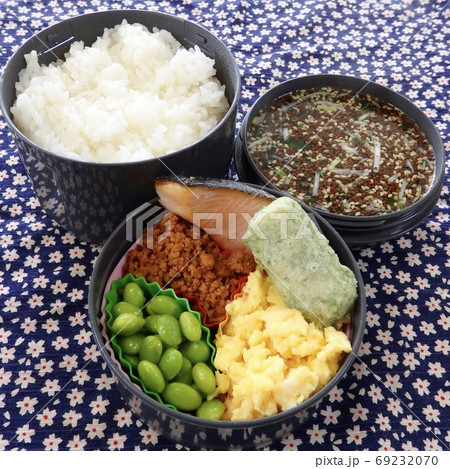 そぼろ肉と炒り玉子と枝豆の手作り三色丼弁当 そぼろ肉と炒り玉子と枝豆の手作り三色丼弁当 69232070