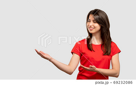 welcome gesture inviting sign happy woman welcome gesture inviting sign happy woman 69232086
