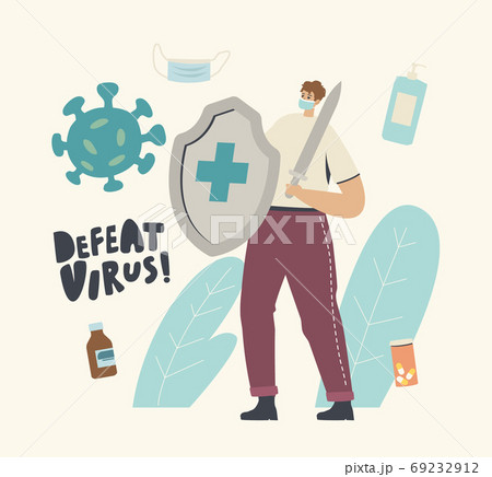Epidemiology and Vaccination Concept. Tiny Male Character in Medical Mask Hold Huge Shield and Sword Protecting of Virus 69232912