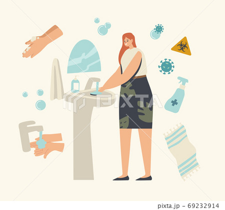 Woman Character Washing Hands in Bathroom with Disinfectant Gel or Antibacterial Soap and Covid Cells Flying around 69232914