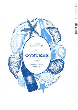 Oysters and wine design template. Hand drawn vector illustration. Seafood banner. Can be used for design menu, packaging, recipes, label, fish market, seafood products. Oysters and wine design template. Hand drawn vector illustration. Seafood banner. Can be used for design menu, packaging, recipes, label, fish market, seafood products. 69233240