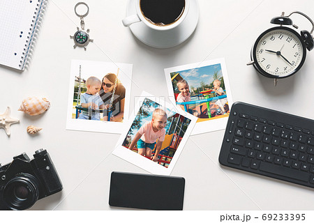 Printed photographs, photo lab concept, top view Printed photographs, photo lab concept, top view 69233395