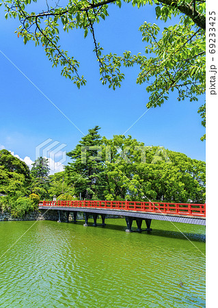 【神奈川県】綺麗な青空と緑が広がる小田原城のお堀と学橋 【神奈川県】綺麗な青空と緑が広がる小田原城のお堀と学橋 69233425