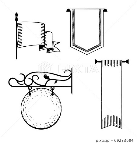 フラッグ 看板 アンティーク調 セットのイラスト素材