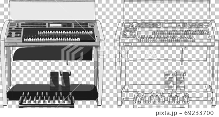 エレクトーン(電子オルガン)2段鍵盤＋足鍵盤を正面から見たイラスト