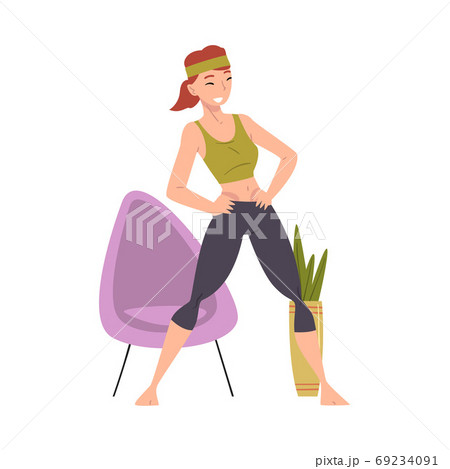 Young Woman Doing Morning Workout Indoor, Physical Activity and Healthy Lifestyle Concept, Stay Home, Keep Fit and Positive Cartoon Style Vector Illustration 69234091