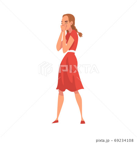 Girl Gossiping, Young Woman Giggling and Covering Mouth with her Hand Cartoon Vector Illustration on White Background 69234108