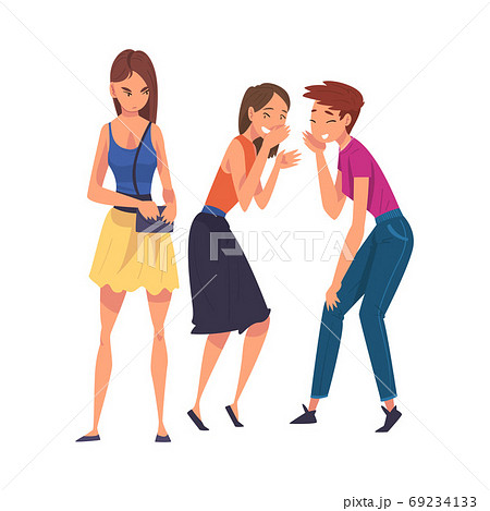 Two Girl Friends Gossiping and Giggling Behind Sad Lonely Girl Cartoon Vector Illustration on White Background Two Girl Friends Gossiping and Giggling Behind Sad Lonely Girl Cartoon Vector Illustration on White Background 69234133