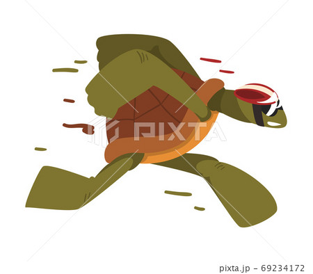 Fast Turtle in Helmet, Funny Tortoise Animal Cartoon Character Running on its Hind Legs Vector Illustration on White Background 69234172